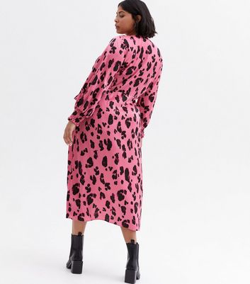 Curves Pink Leopard Print Satin Midi Wrap Dress | New Look